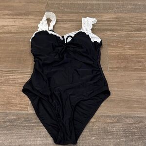 Girls' Black One-Piece Swimsuit with White Lace Straps